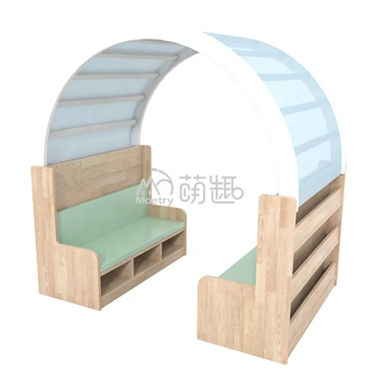 Moetry Solid Wood Kids Reading Hut with Sofa Chair for Kids Library Preschool Book Shelf Prefab