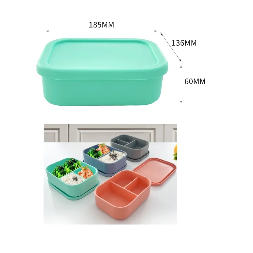 Household items  BPA free 3 Compartment 850ml Lunch Box Silicone Microwave Safe Plastic Bento box for Office School