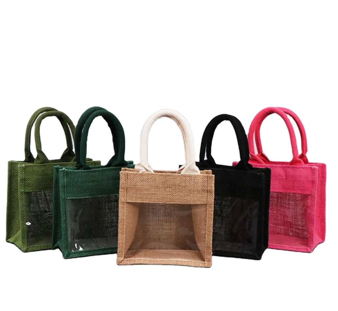 Jewelry packaging beach jute bag  oem customized hessian jute bag with transparent PVC windows