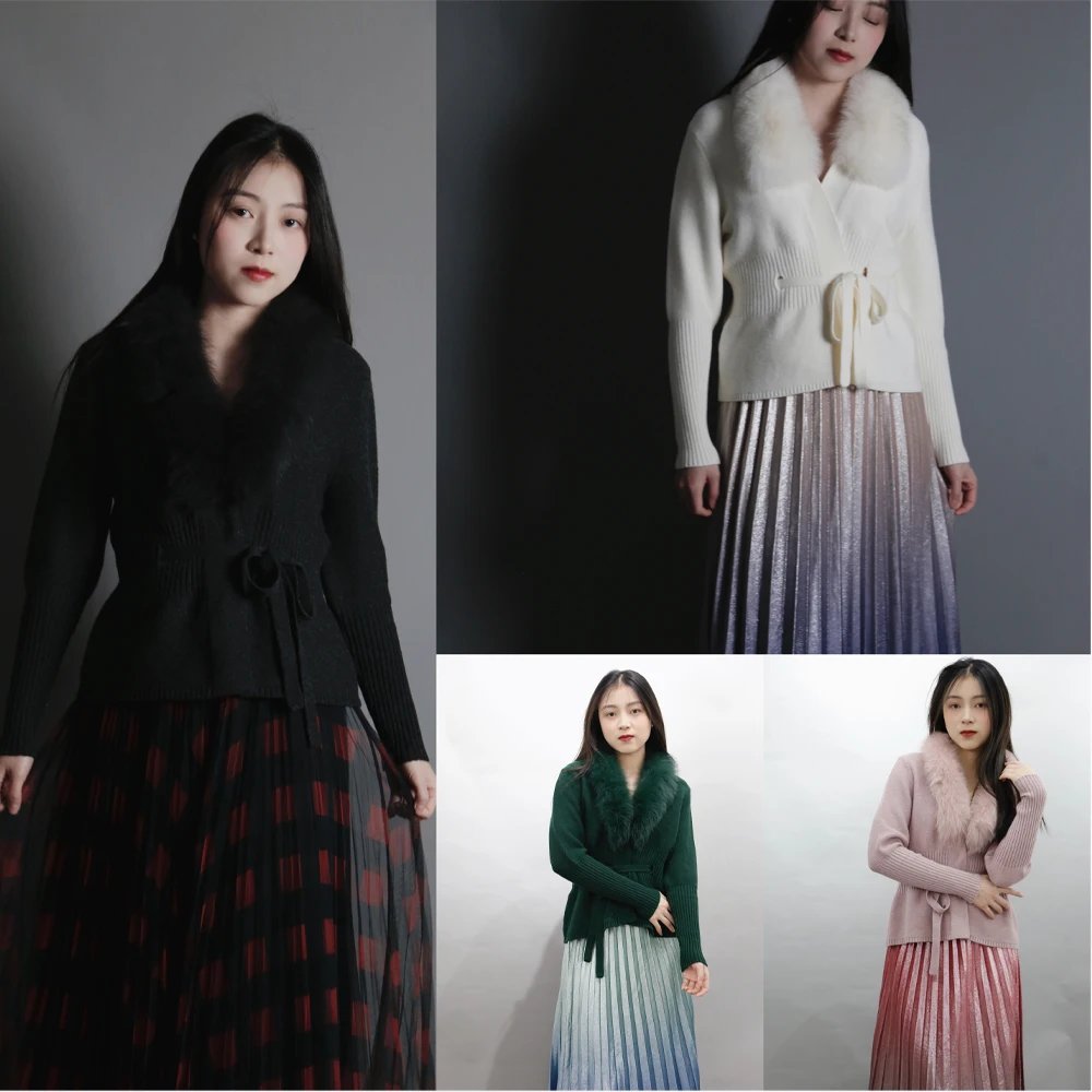 New Arrival Wool Blended Ladies Knit Belted Short Cardigan With Fur Collar