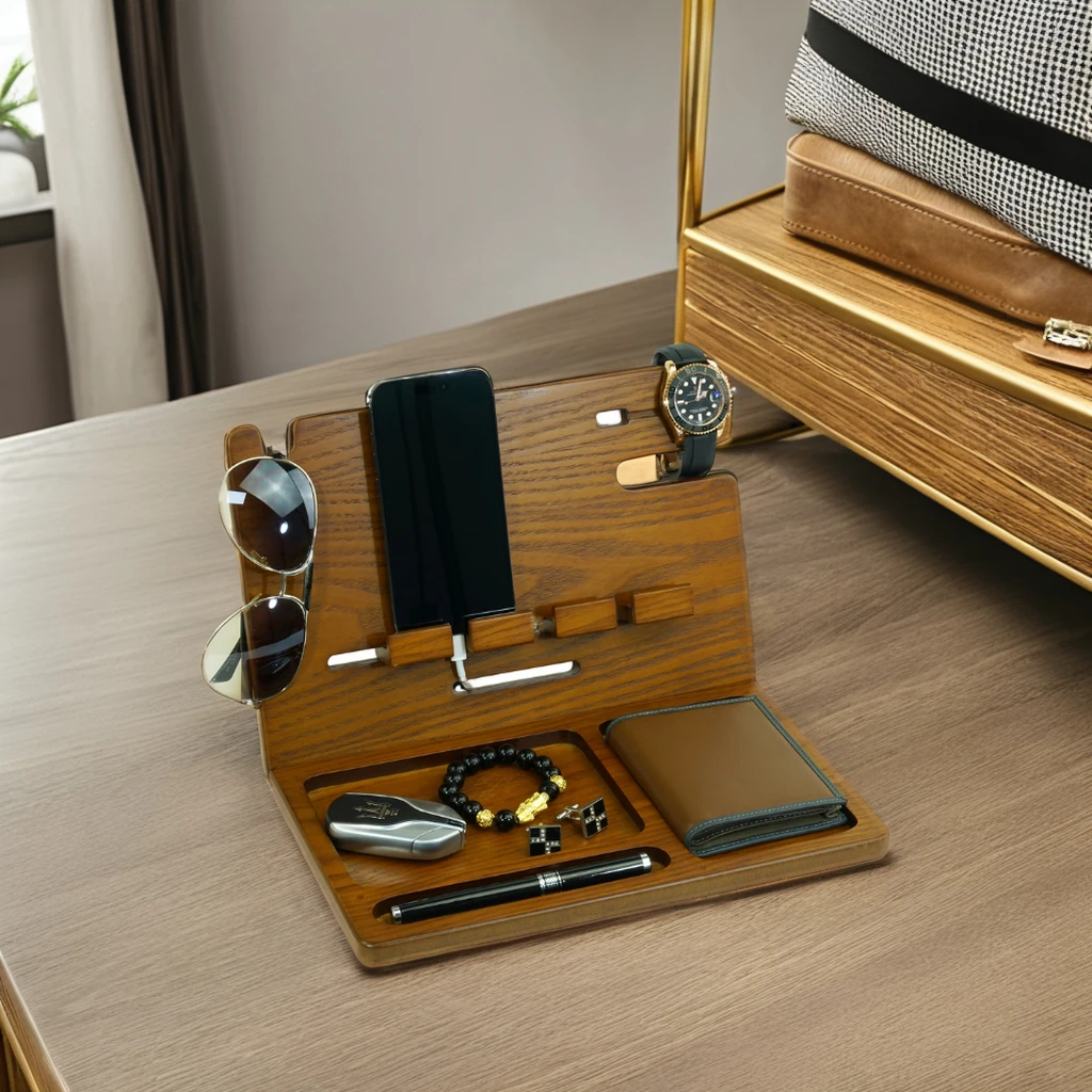 Wood Docking Station Nightstand Organizer 2 Phone Wallet Watch Stand Key Holder Tablet Tech Gadgets Charging Dock