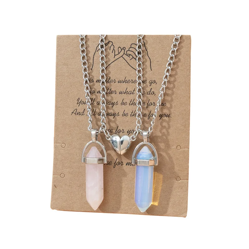 2 Pcs/set Bullet Shape Colorful Natural Crystal Choker For Couples Magnetic Buckle Matching Love Heart Pendants Necklaces