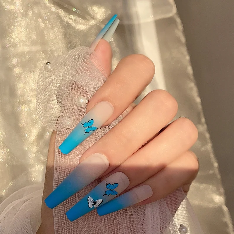 Paso Sico 24pcs/Set Gradient Blue Butterfly Matte Finished Long Ballet Design False Press on Nails for Wholesale Nail Tips Wholesale