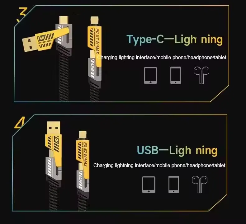 4 in 1 Fast Charging Cable USB Type C 65W Charger Data Cord Multi-device PD 27W Flash Charging Wire for iPhone 15 14 Type C