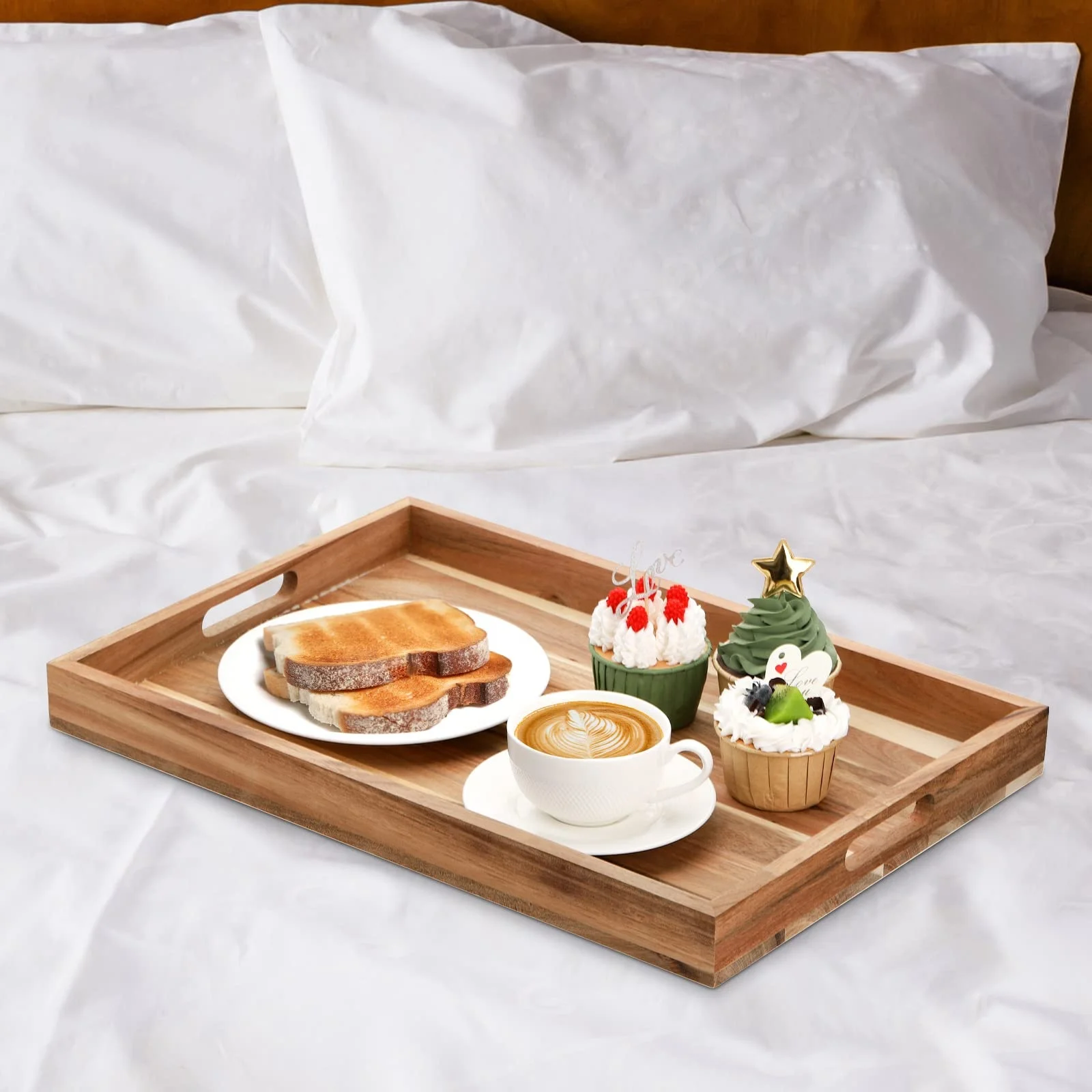 Selling modern country farmhouse Home Vintage brown acacia wooden breakfast food service tray portable wood serving tray