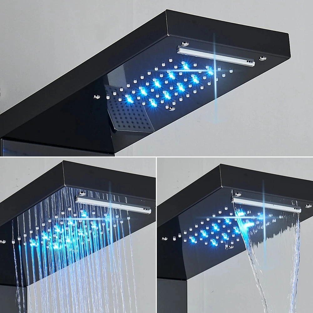 Digital Display Rainfall Shower Faucet Bathroom SPA Massage Jet Black LED Light Shower Panel With Handshower Bidet Sprayer Tap
