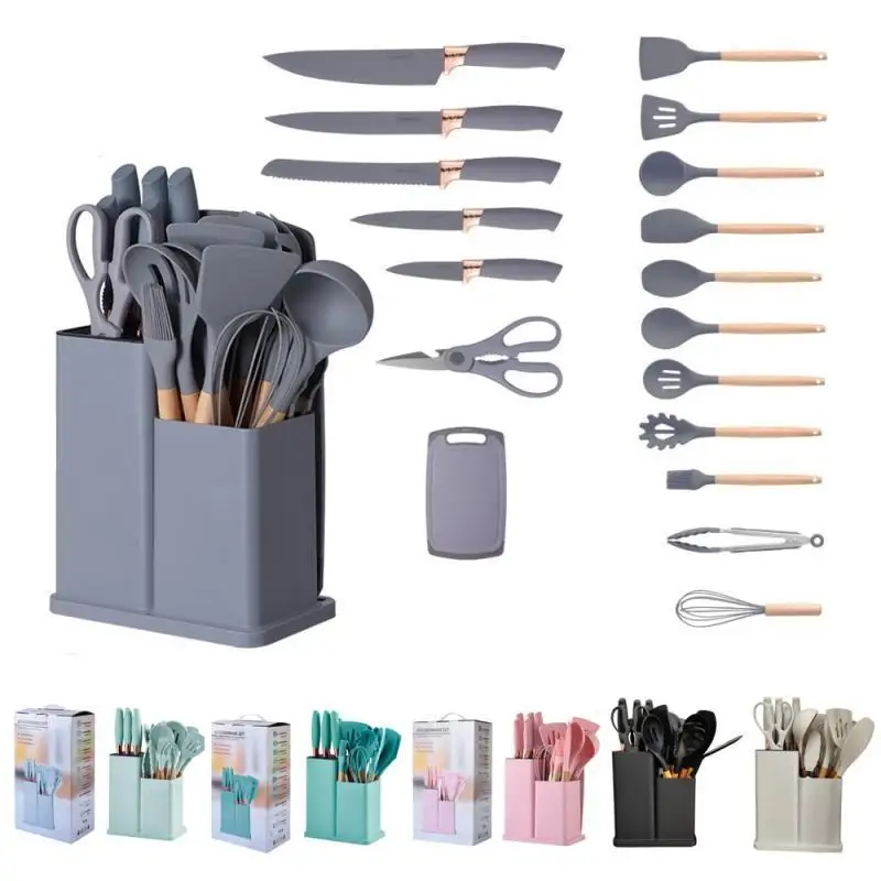 Top Selling 19 Piece Silicone Kitchen Utensil Set With Wooden Handle And Cuttings Board Storage Bucket Kitchen Gadget Set