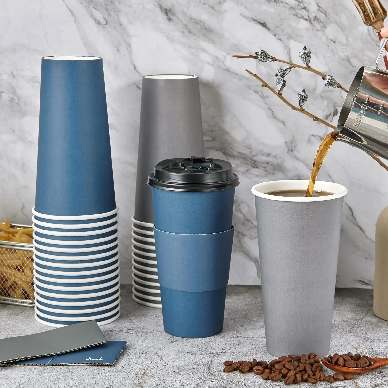 Hot Sale Custom Printed Disposable  20oz Eco Friendly Large Coffee Paper Cup with Lids Straws