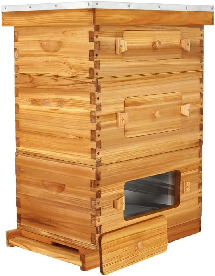 8 or 10 Frame Langstroth 3- Layer Wooden Bee Hive with Windows 100% Beeswax Coated Beehive with Frame & Waxed Foundation