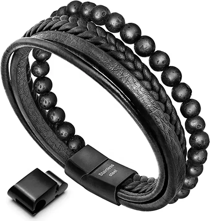Black Plated Magnetic Closure Lava Mens Bead Pulsera De Cuentas De Piedra Leather Bracelet Natural Bead Steel Leather Bracelet