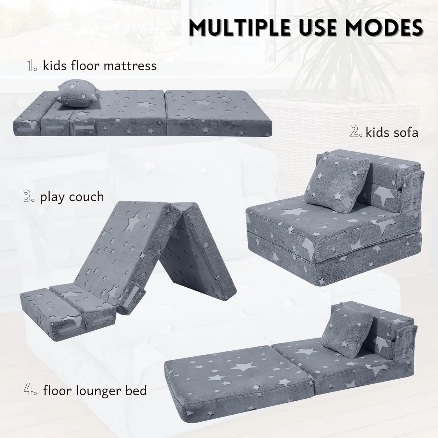 Glow Tri Folding Mattress Futon Folding Chair Bed Folding Sofa Bed Floor Mattress for Kids Playroom