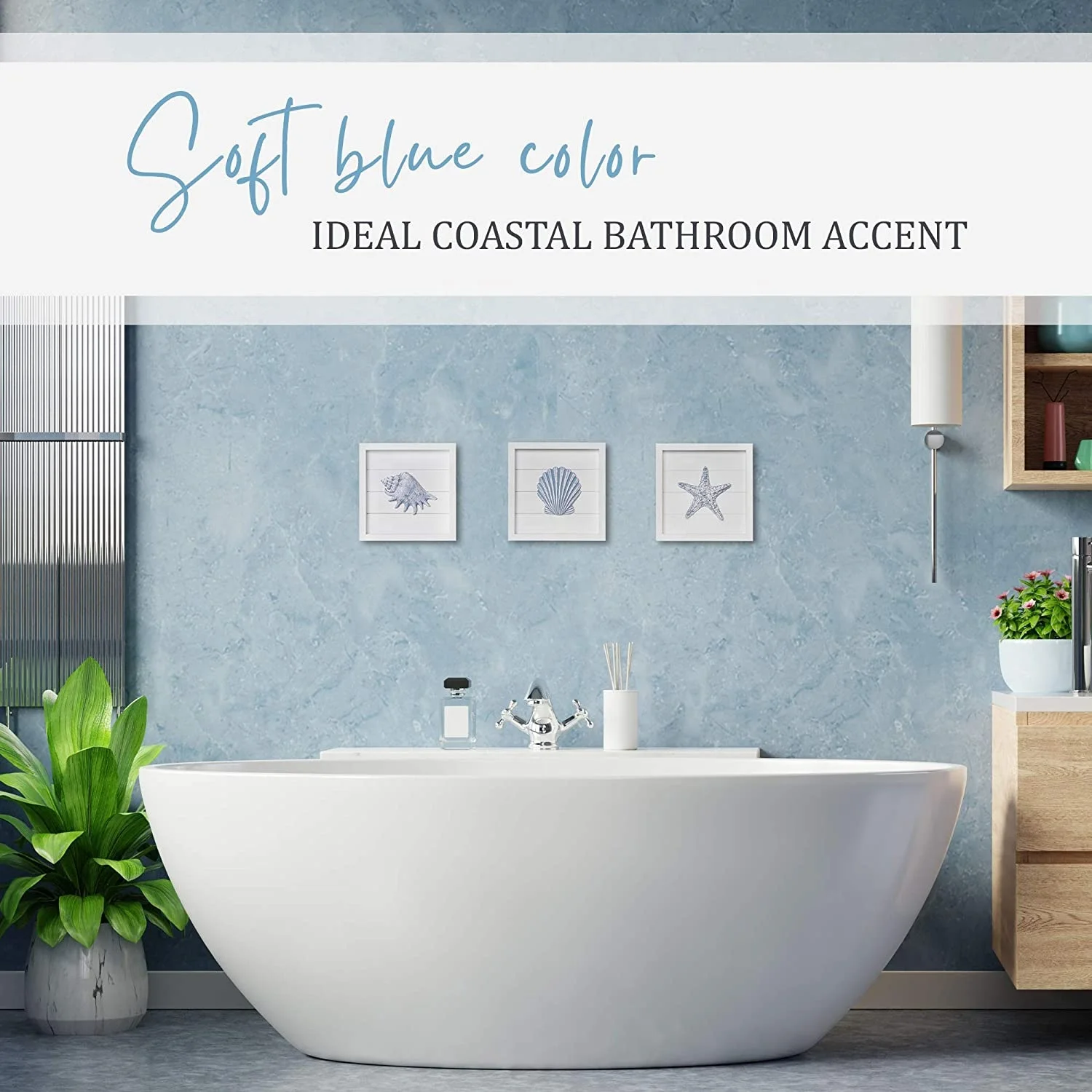 Beach wall decorated with blue shells and starfish, 3 white wooden frames, suitable for bathroom or coastal bedroom, home