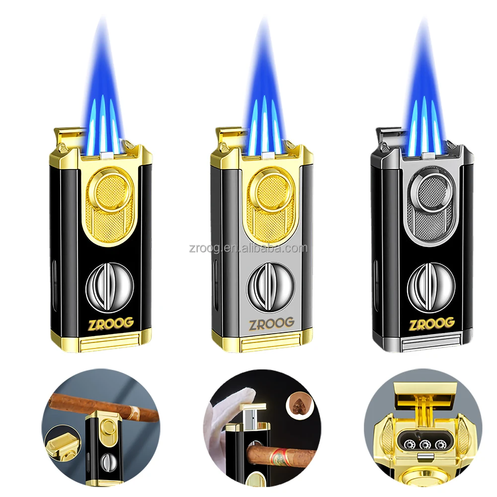 2024 Cigar Lighter New Product Triple Flame Jet Torch Lighter With Lighter Holder And Cigar Cutter
