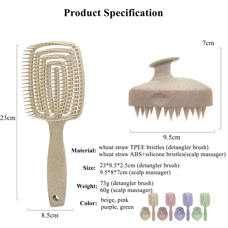 Custom Logo Eco-Friendly Wheat Straw Flexible Bristles Detangling Wet Brush Scalp Massager Shampoo Brush Set For Hair Growth
