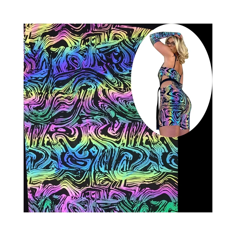 High Visible Black rainbow Iridescent Swirl Pattern Printing Spandex Reflective Fabric Cloth for Outdoor Hi Vis Fashion Clothing