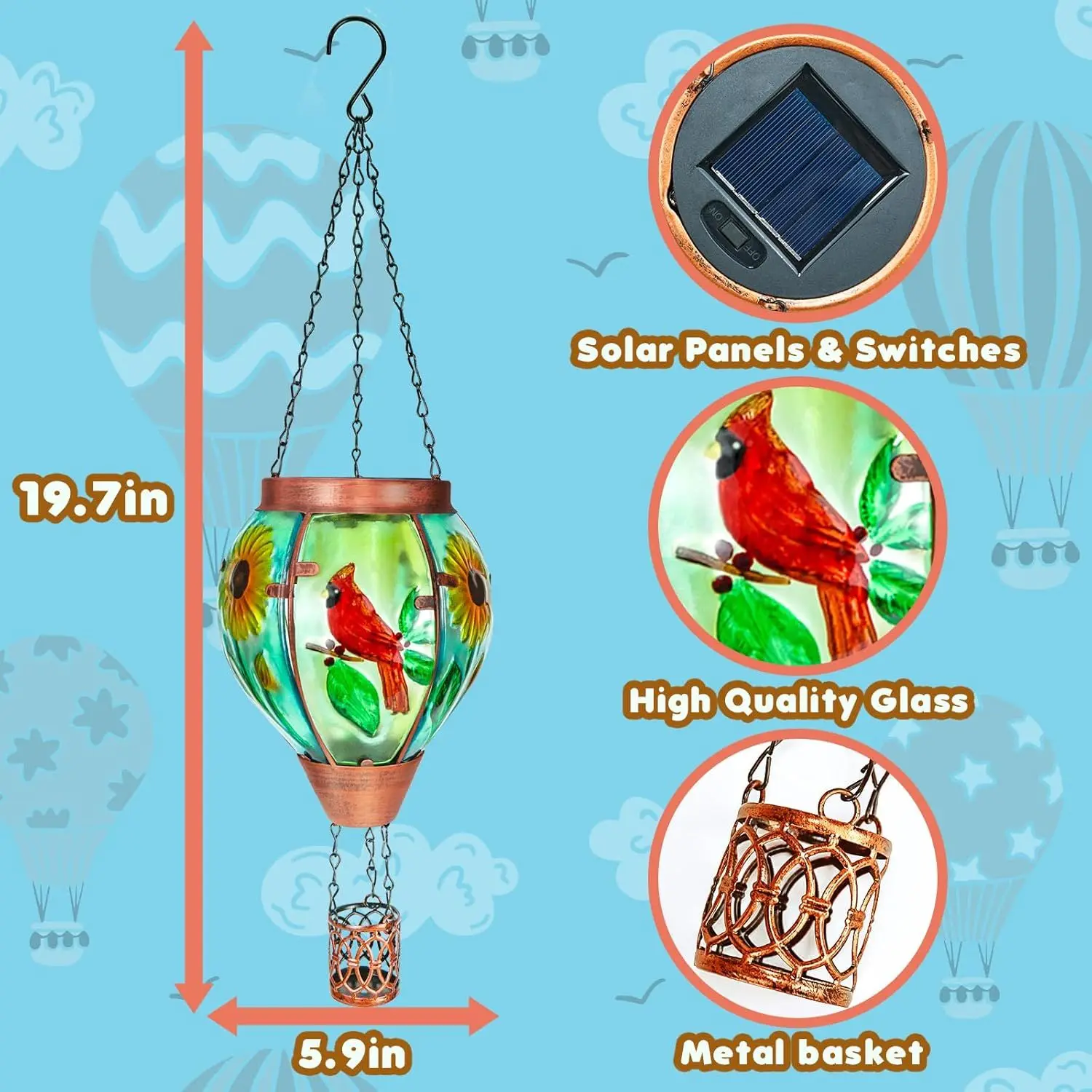 Solar Hot Air Balloon Lantern with Flame Cardinal Glass Outdoor Garden Hanging Solar Lights