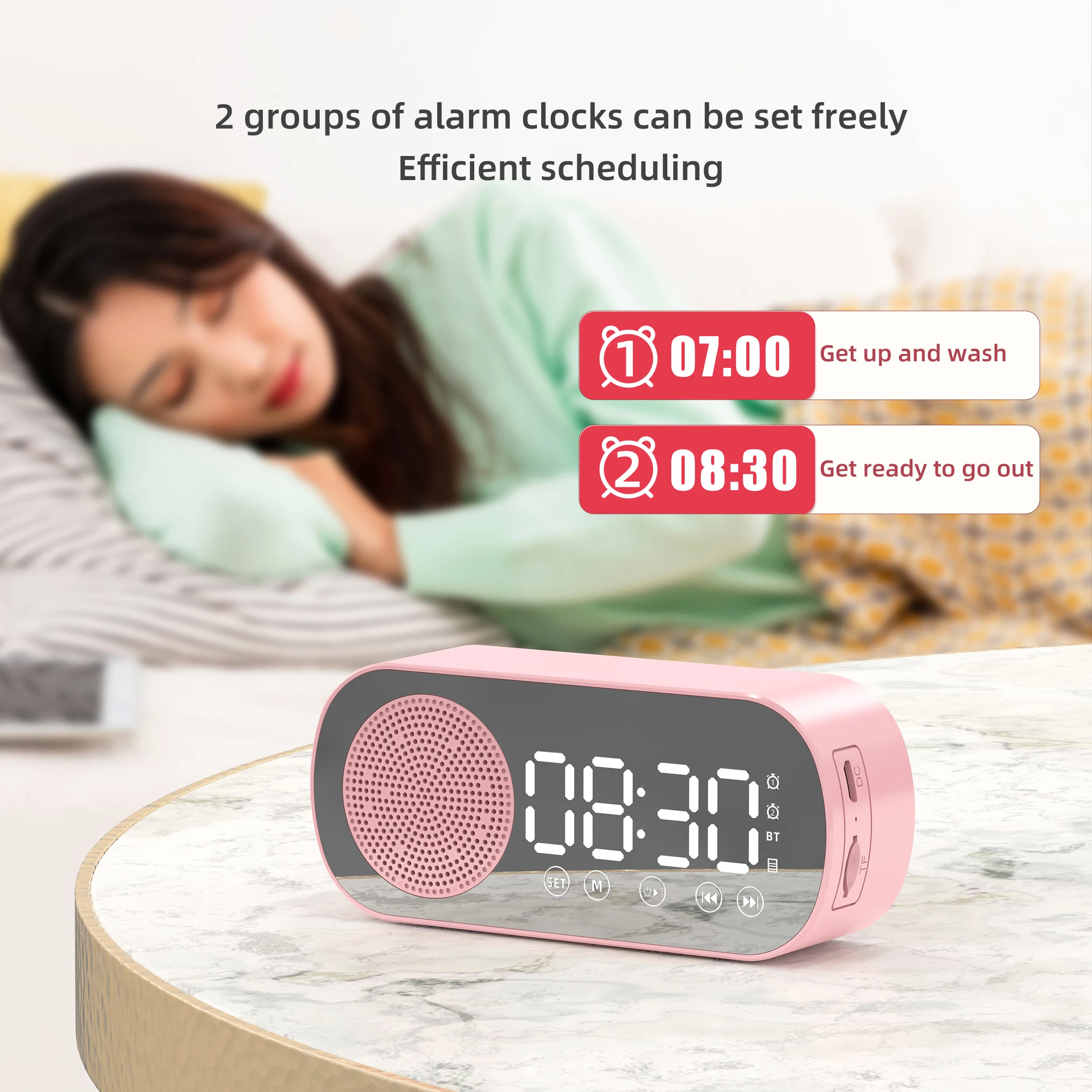 2022 New Product Alarm Clock With Mirror Digital Clock USB Charging Mini Portable Bluetooth Speaker