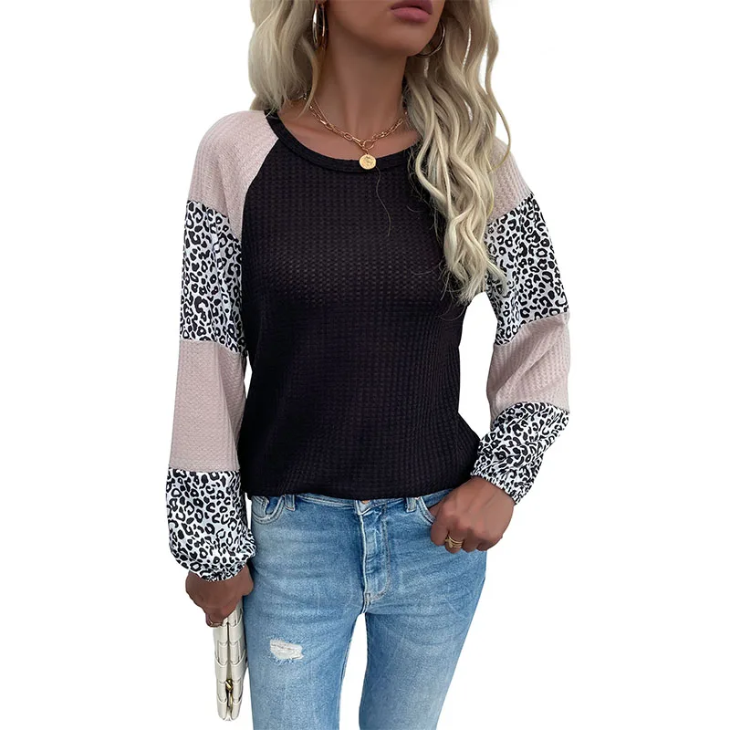 2023 High Quality New Arrival Woman Tops Fashionable Autumn Women Clothing Leopard And Stripe Color Block Long Sleeve Top