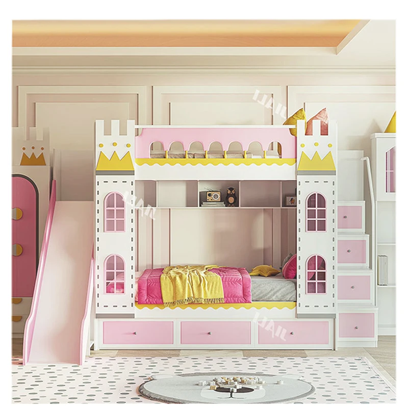 Princess Castle Children Beds Girl Bunk Kids Bed Set Furniture for Girls pink Bedroom with