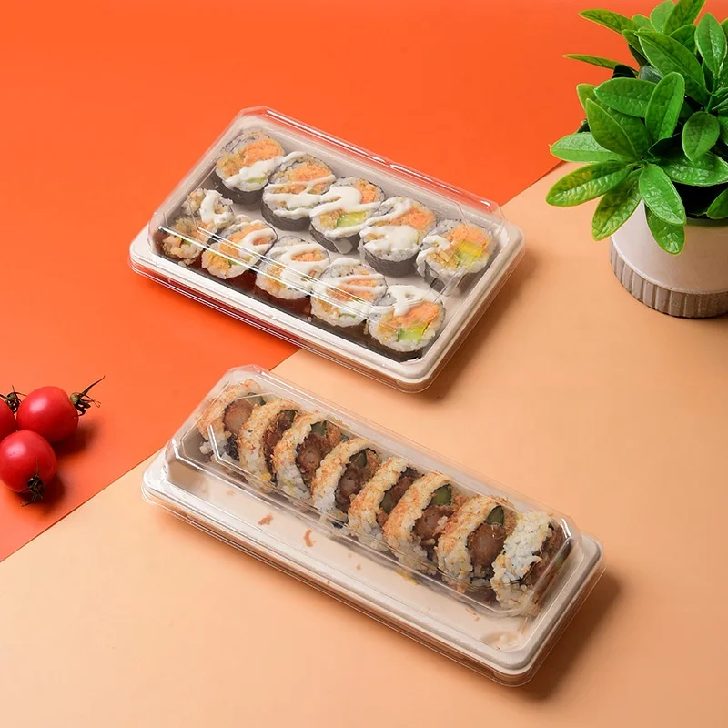 Rectangular Eco Sugarcane Bagasse Pulp Take Out Container Sushi Tray Fast Food Box With RPET Lid
