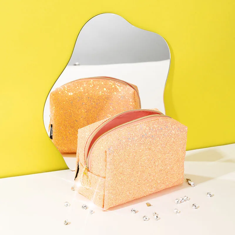 Custom Luxury Pink Sequin Pu Vegan Leather Glitter Make Up  Cosmetic Beauty Makeup Bag Set