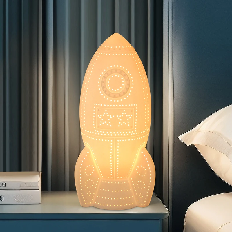 Заводская распродажа новый дизайн настольные лампы в форме ракеты белая керамическая прикроватная настольная лампа для детей