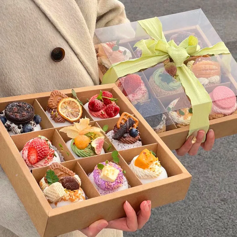 Korean Eco New Design Cupcakes Brownies Packaging Box Macaron Pastry Paper Packaging Transparent Cake Box With Clear Pvc Lid