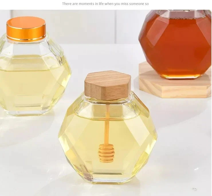 100 ml/220 ml/380 ml hexagonal heat resistant glass honey bottle jar with wooden mixing rod used for home kitchen