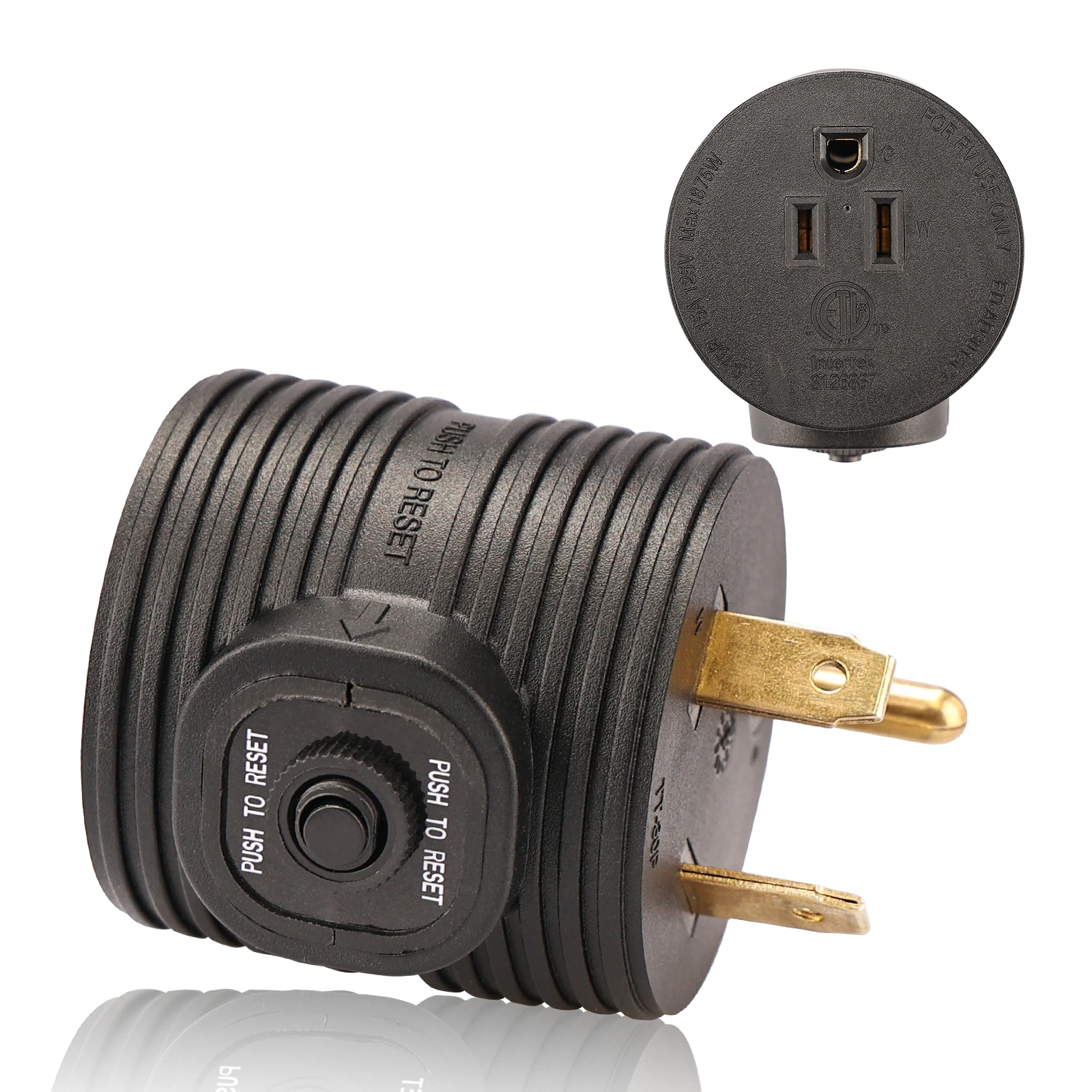 30 amp Male to 15 amp RV Plug  Adapter with Circuit Breaker, NEMA TT-30P to 5-15R, ETL Listed