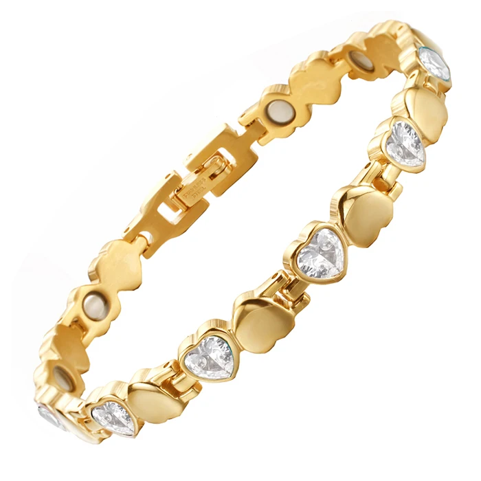 Personalized Hot Sale Gold Plated Charm Love Heart Crystal Health Magnetic Stainless Steel Bracelets