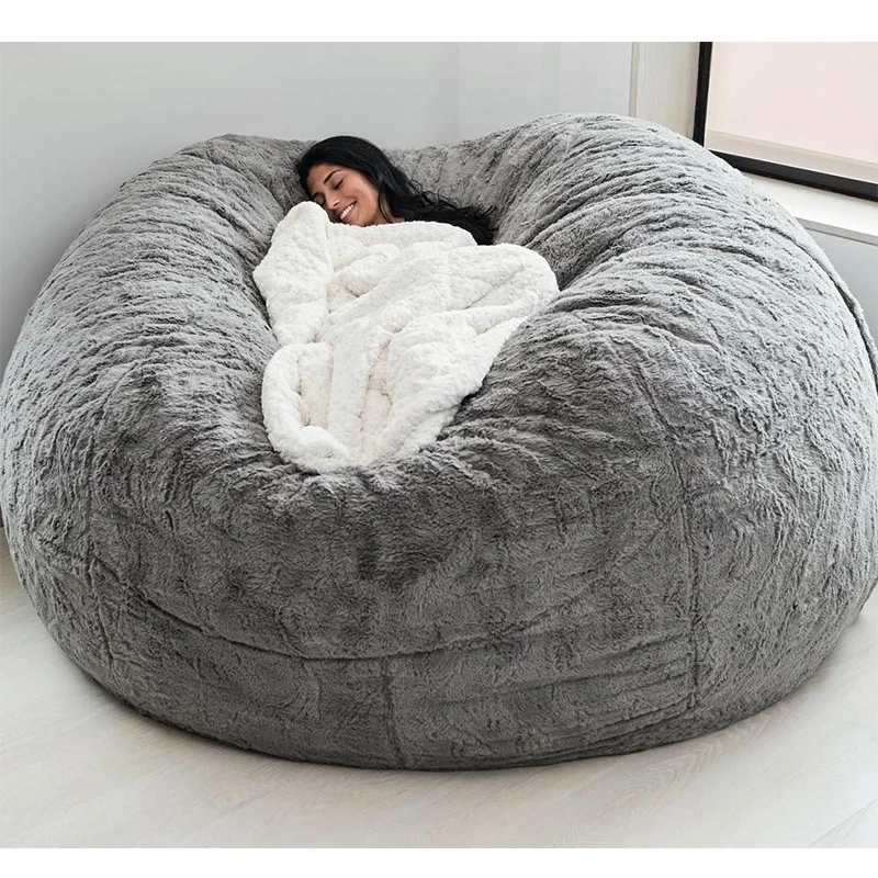 (no filling) dropshipping 7ft fur fabric giant beanbag cover Soft Fluffy Faux Fur big Round Bean Bag Lazy Sofa bed living room