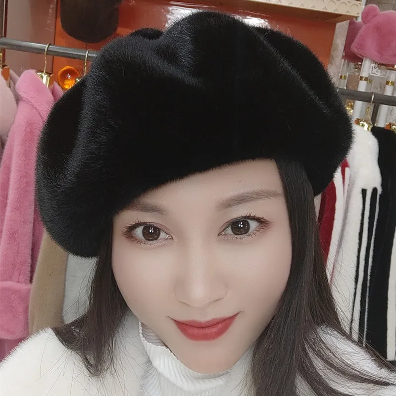 Manufacturers Wholesale Unisex Octagonal Hat Black Beret with Winter Tide Display Imitation Mink Hair with Small Bud for Fishing