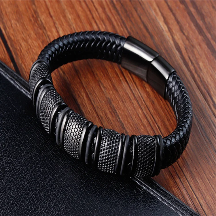 Fashion Men Gold Plated Stainless Steel Beaded Bracelets Leather Band Strap Wristband Bracelet Custom Leather Bracelet