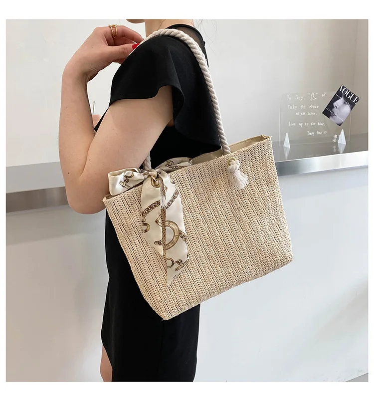 customized low price handmade woven weaving casual white woven  bow straw shoulder tote hand bag purse