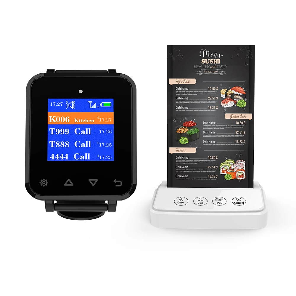 Artom Wireless menu stand call system with waterproof watch receiver set in different language