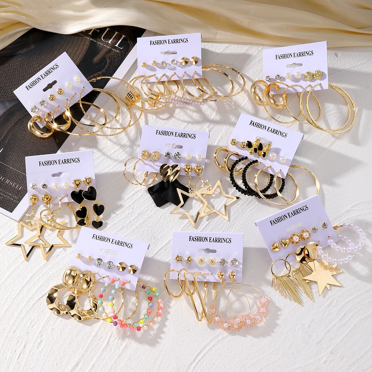 Hot Sale Trendy Gold Star Hoop Earrings Set For Women Jewelry Party Gift Geometric Pearl Circle Drop oil Stud Earrings Set