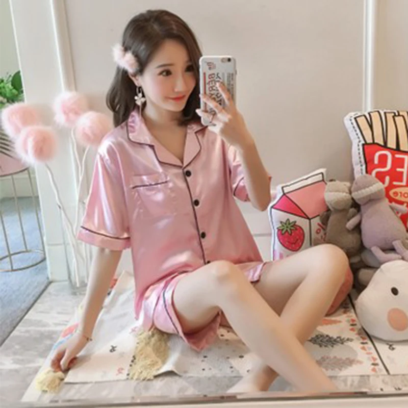 
Summer Womens Silk Satin Pajamas Set Two-Piece Pj Sets Sleepwear Loungewear Button-Down Pj Sets 