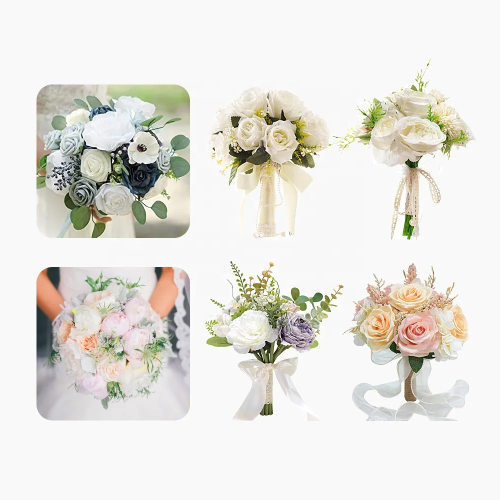 Wholesale Satin Roses Artificial Flowers Bouquet Handmade Diamond Pearl Bride Wedding Flower Bouquet