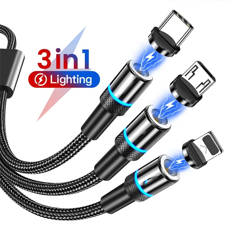 3 In 1 Nylon Detachable Magnetic Data Cable Micro Usb Type C Cable Mobile Phone Wire Cord 540 Rotate Magnetic Cable For Xiaomi