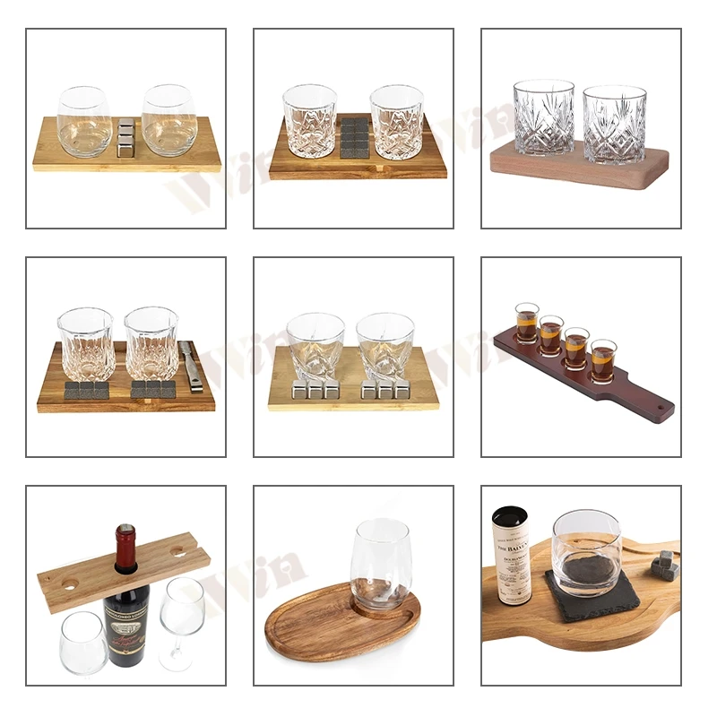 Personalized Old Fashioned Emgraved Whiskey Glass And Whiskey Stones Gift Set With Wooden Tray IWIN Supplier