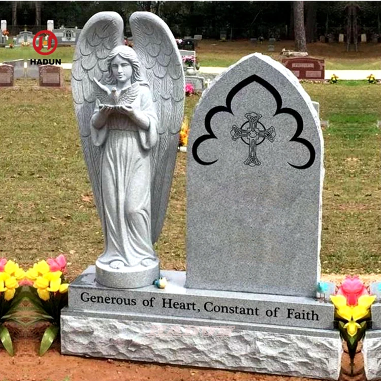 China Style Cemetery Memorial Praying Tombstone Angel Statue Marble Double Headstone Sculpture