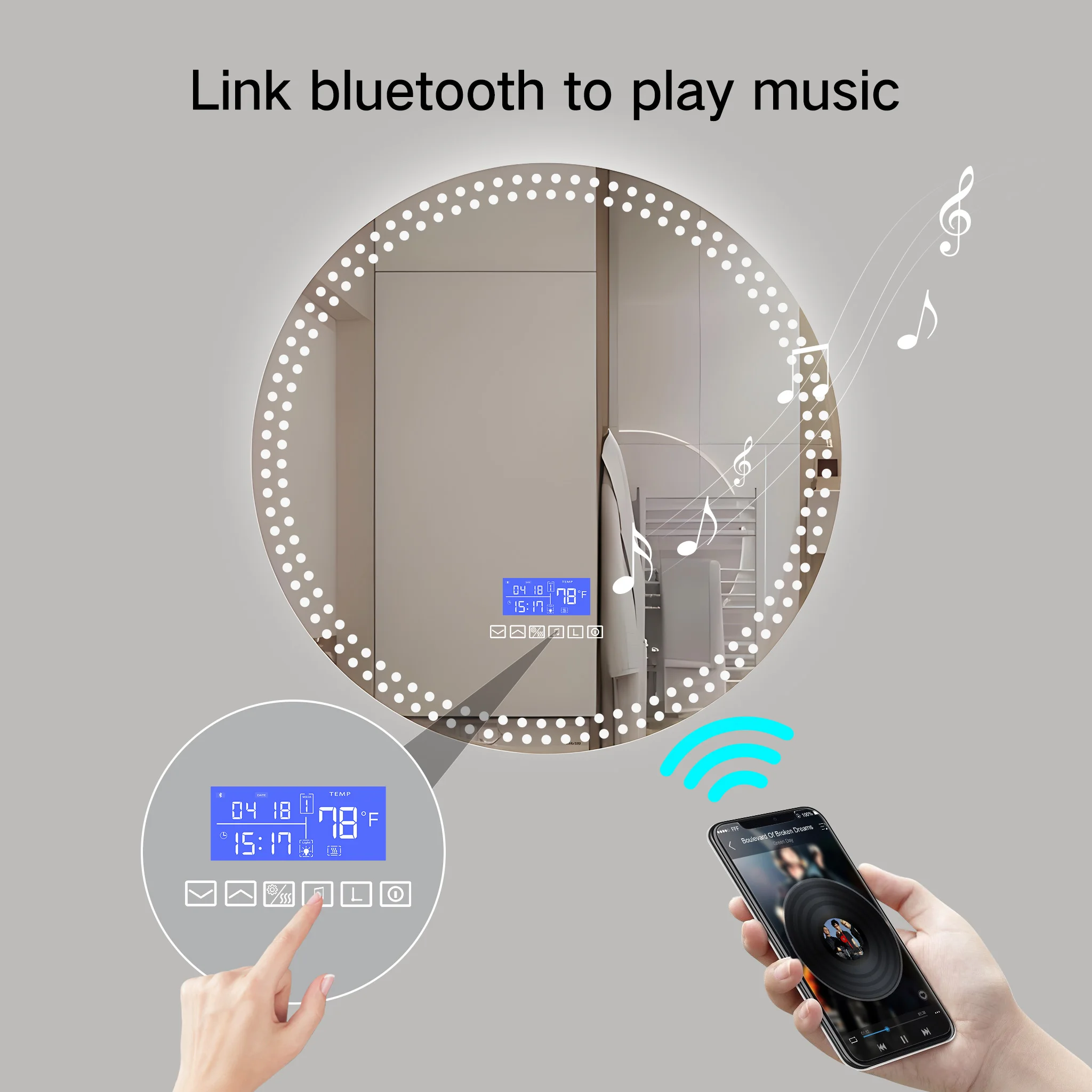 Round Customized LED Smart Design Sanding LED Lighted Bathroom Mirror with Radio bluetooth for Home/Hotel