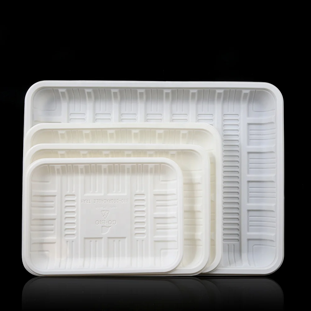 Customized Disposable plastic cornstarch compostable meat trays/food tray/fruit packaging tray for market