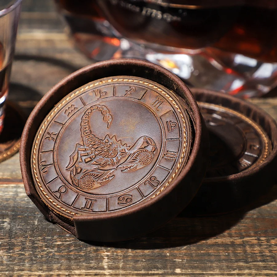 Custom Mug Table Cup Mat Pad Insulation Mat European Style Tea Tray 6pcs/set Genuine Leather Zodiac Embossing Drink Coasters