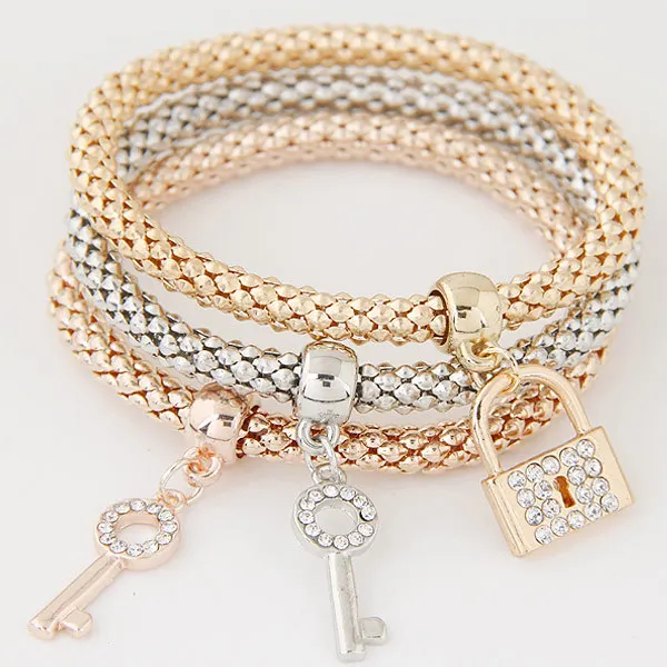 Fashion women Anchor Owl Butterfly LOCK  Pendant  bracelet Three-color corn chain Multi-layer bracelet