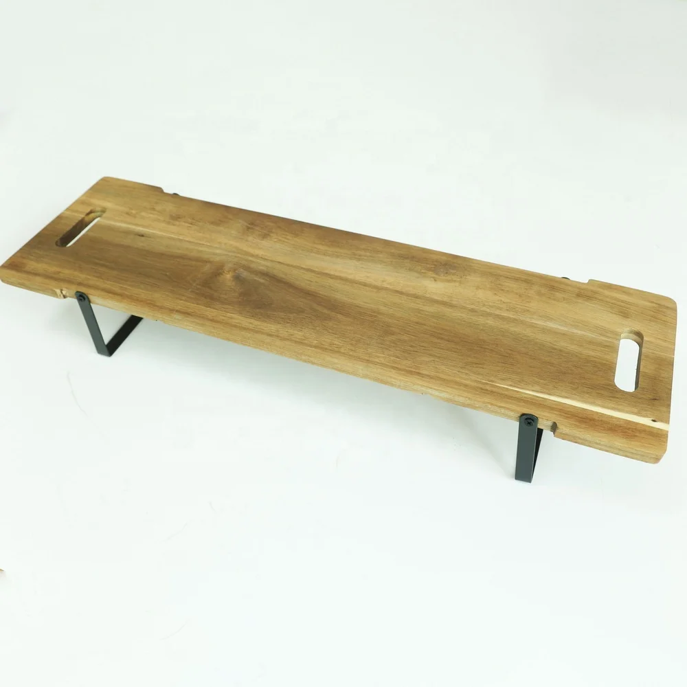 Factory manufacture long wood cutting board ottoman wood tray with metal handles for food