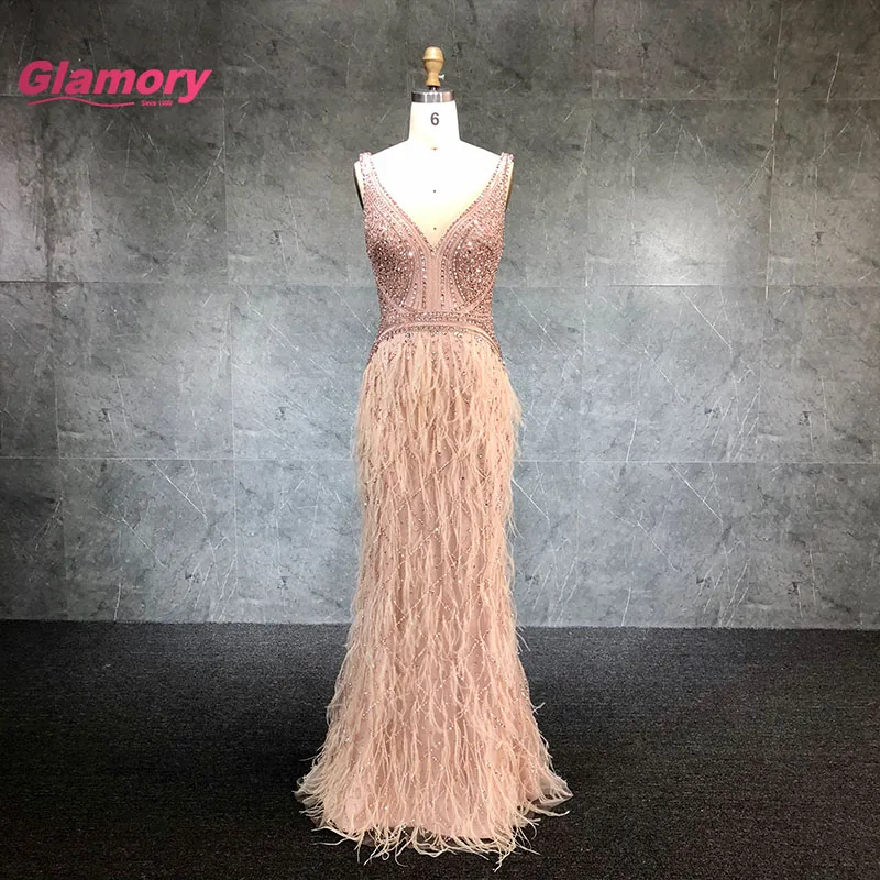 2020 New Design Pink Beading Mermaid Evening Gowns Sexy V Neck Sleeveless With Feater Prom Dress