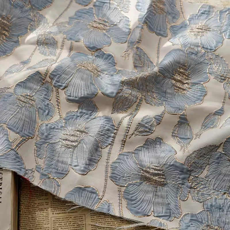 Vintage Gold Silk Jacquard Fabric with Large Flower Embossed Texture Yarn-Dyed for Spring Dresses Mixed Fabric