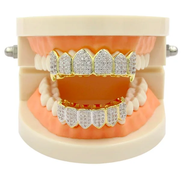 Hip Hop Iced Out Teeth Grillz 18K Gold Platinum Plated Grillz Fangs Rapper Body Jewelry Gift