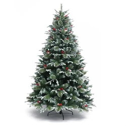 Custom High Quality 120-300cm Pine Needle Red Berry PE PVC Leaf Big Green Automatic Christmas Tree With White Snow Flock Tips